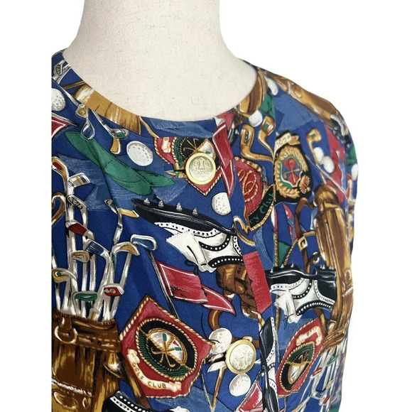 Vtg Women Golf All Over Print Top Topper Silky Elegant Button Front Country Club - Picture 4 of 11